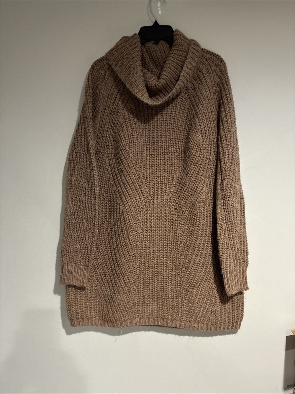 Left on Houston Chunky Knit Sweater Dress Brown Drape Cowl Neck Cozy Sz Lg